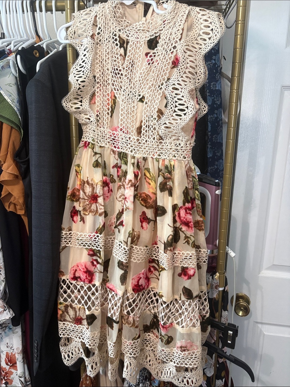 Girls Cream Floral Lace Dress with Pink and Green Accents
